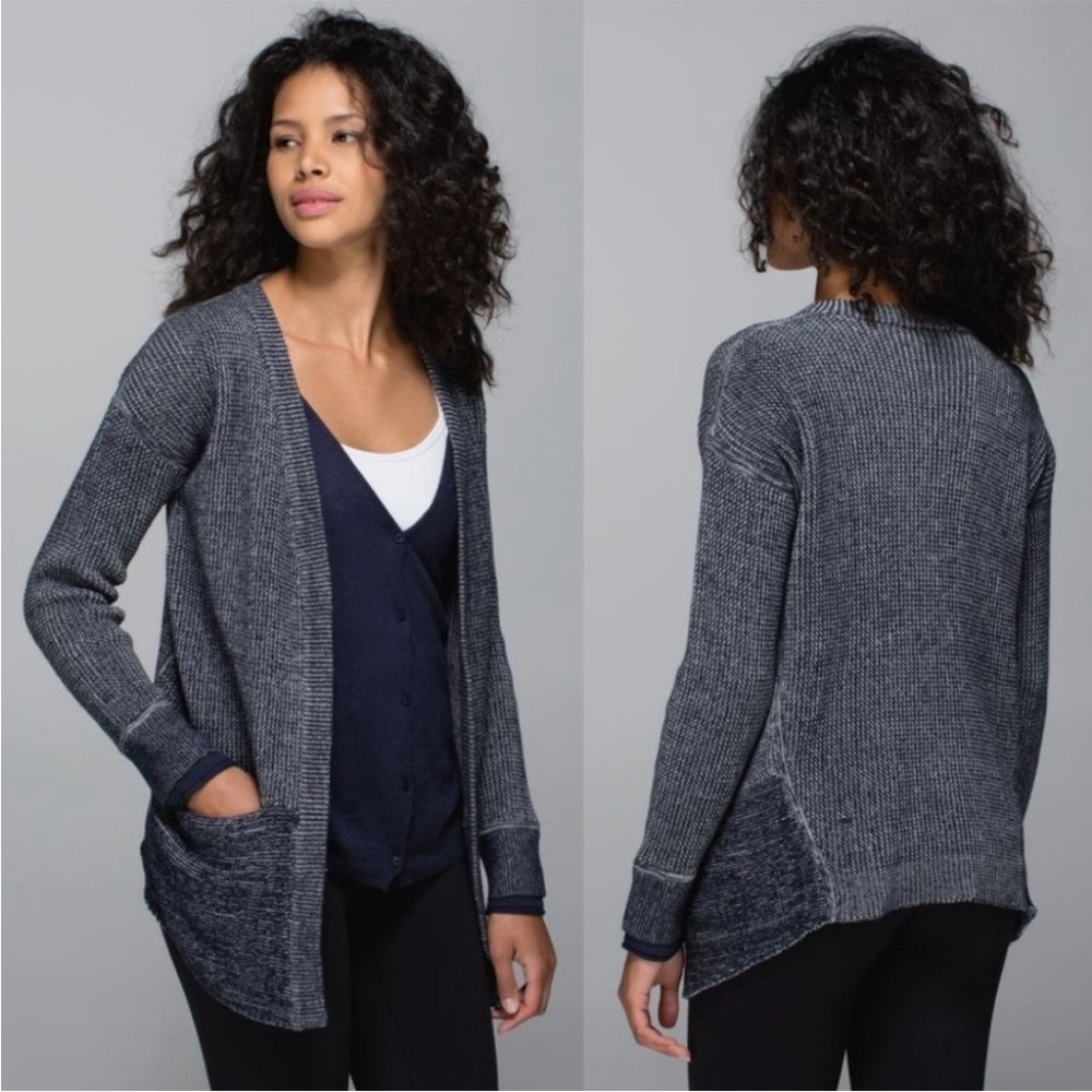 Lululemon navy blue knit vestigan cardigan cozy casual comfy lounge sweater 6